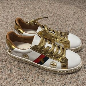 Gucci White and Gold Sneakers with Embellishments